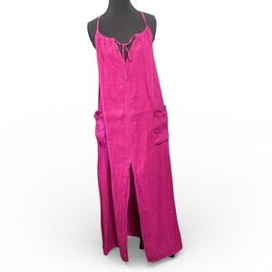 Lavender Bird Pink Linen Maxi Dress Women Made in Italy Pockets Tie Front Slit